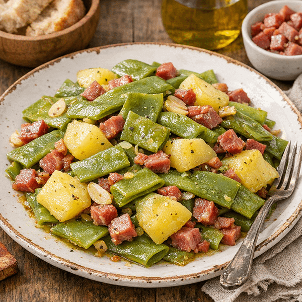 Judias verdes planas con patatas y jamon