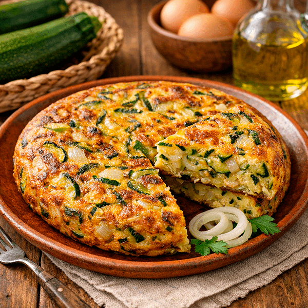 Tortilla jugosa de calabacín y cebolla